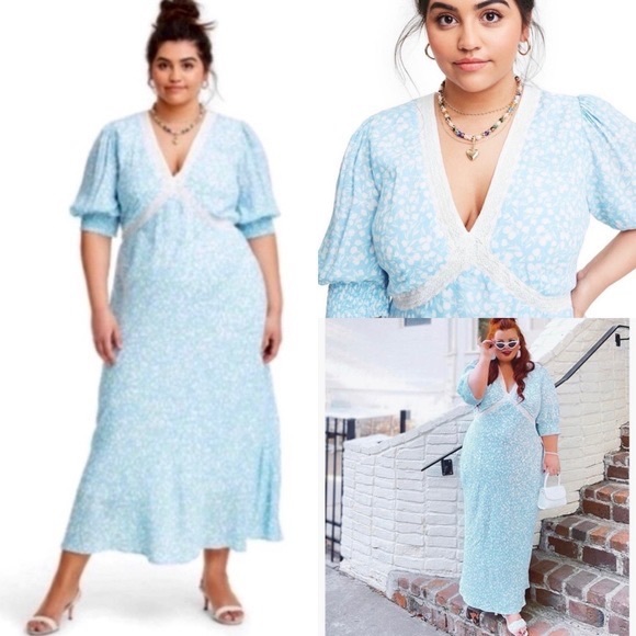 RIXO Dresses & Skirts - Rixo floral puff-sleeve lace inset swing dress